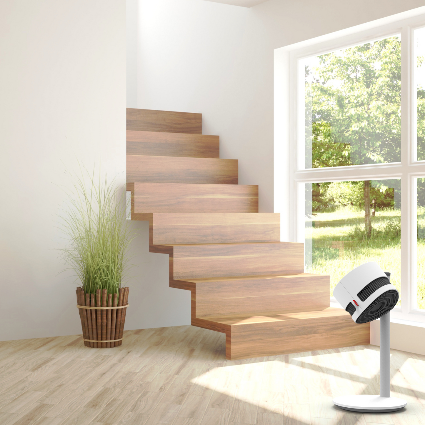 Boneco Air Shower F120 Ventilator mit elegantem Standfuss, manuell drehbarem Luftstrom und geringem Geräuschpegel.