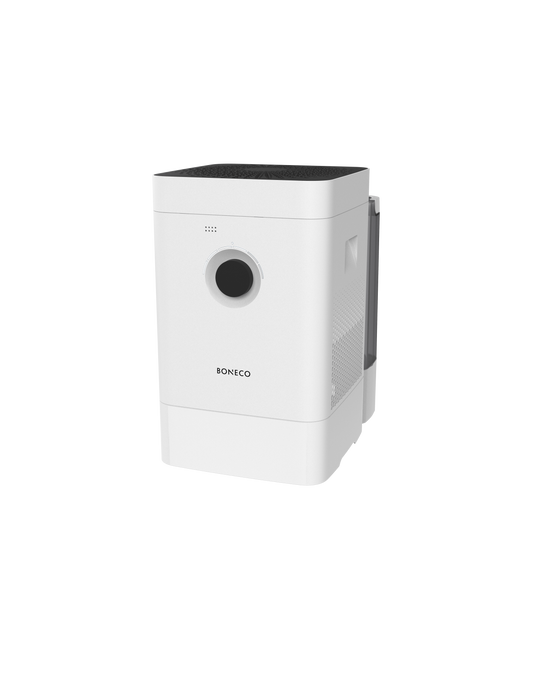Boneco H400 Hybrid Luftbefeuchter und Luftreiniger im kompakten Design, einfache Bedienung per Knopfdruck.