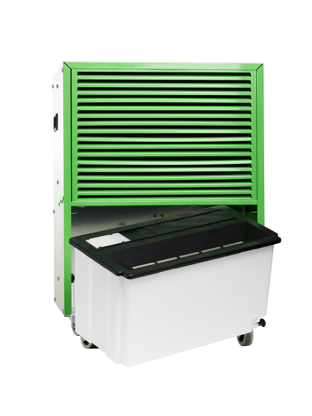 ecodry 425 Luftentfeuchter in Original Green mit 4 stabilen Lenkrollen für mobile Nutzung.