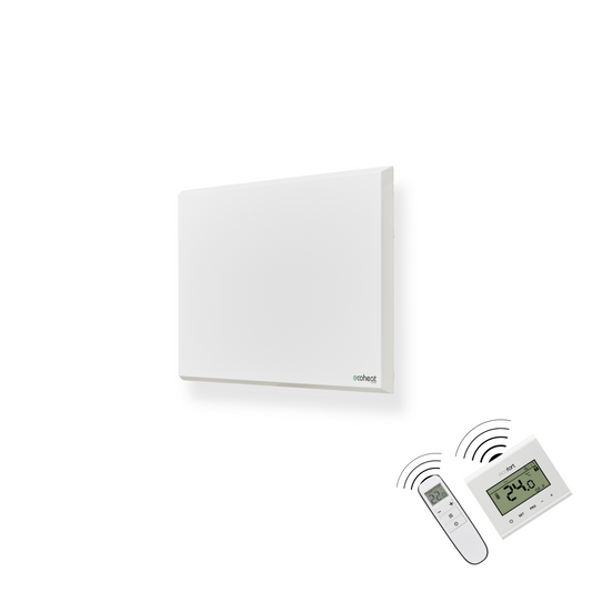 ecoheat Classic-T 300 Infrarotpanel an der Wand, mit integriertem Funk-Empfänger und ultra-flachem Design.