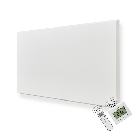 ecoheat Classic-T 900 Infrarotpanel für Wandmontage mit integriertem Funk-Empfänger und elegantem Design.