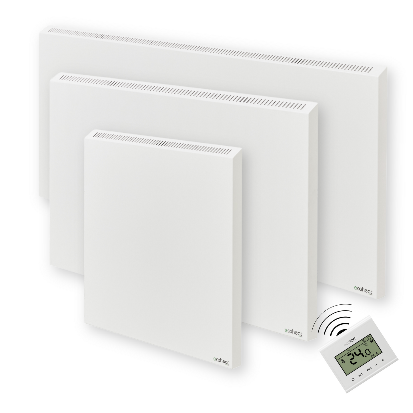 ecoheat Hybrid-T 1000 Heizgerät an der Wand mit 1000 Watt Heizleistung und modernem Metall-Design.