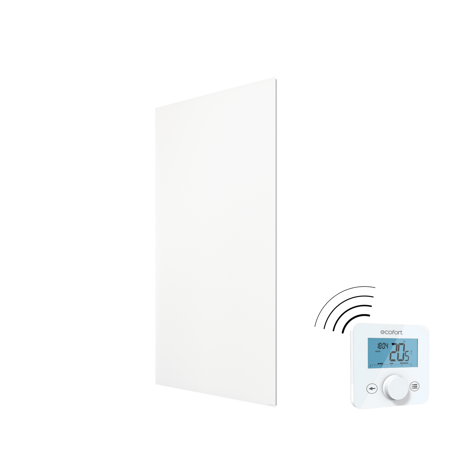 ecoheat Vitrea 580: Infrarotheizung mit edler Glasfront und Funk-Empfänger. Design trifft Effizienz – ideal für stilvolle, gleichmässige Wärme im Wohnbereich.