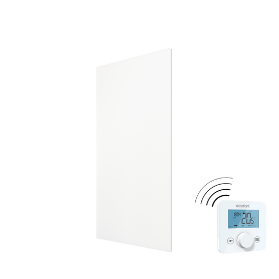 ecoheat Vitrea 580: Infrarotheizung mit edler Glasfront und Funk-Empfänger. Design trifft Effizienz – ideal für stilvolle, gleichmässige Wärme im Wohnbereich.