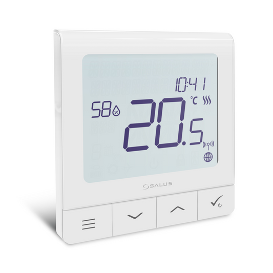 Salus Smart Home SQ610 Quantum Thermostat mit blau hinterleuchtetem Display und WLAN-Fernsteuerung.