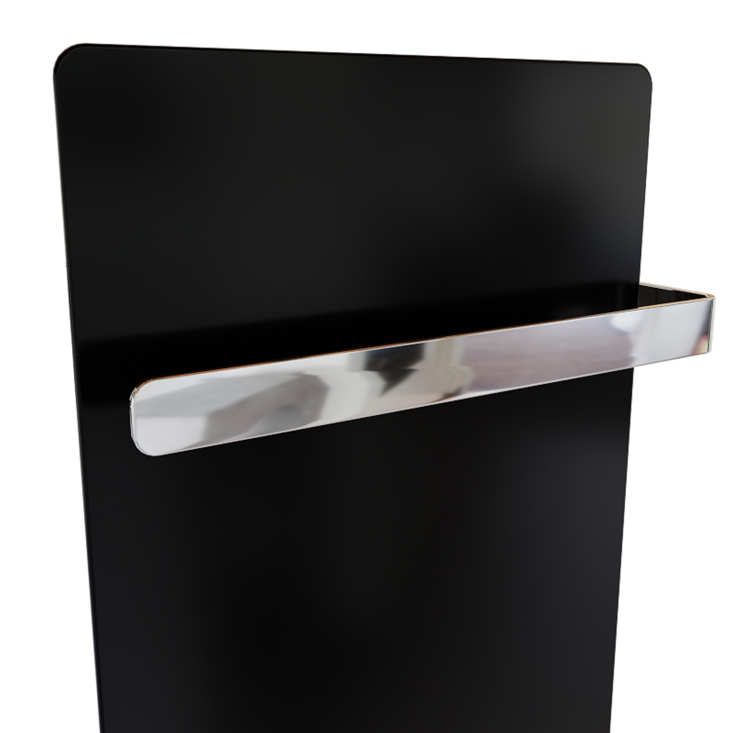 ZenSwiss furo Handtuchtrockner in Glanz Schwarz mit polierten Handtuchhaltern und integrierter Touch-Steuerung.