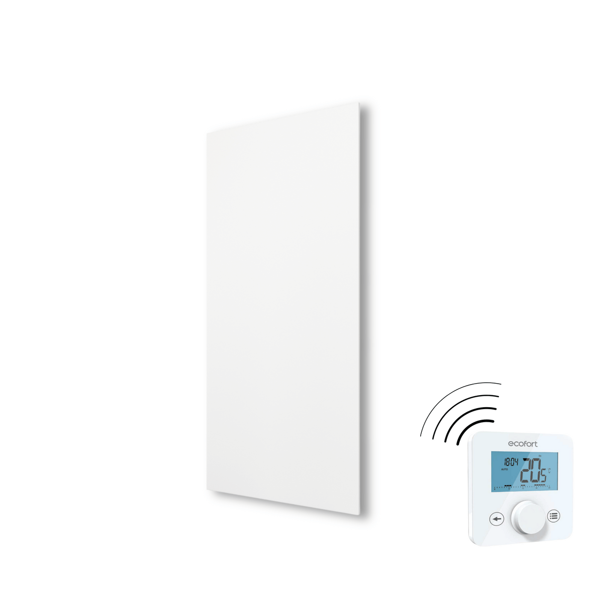 ecoheat Aura 550: Flache Infrarotheizung mit Funkempfänger – effiziente Strahlungswärme für Wohnräume, Bad oder Büro. Elegant, platzsparend, komfortabel.