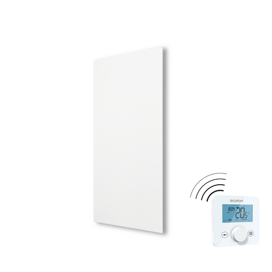 ecoheat Aura 550: Flache Infrarotheizung mit Funkempfänger – effiziente Strahlungswärme für Wohnräume, Bad oder Büro. Elegant, platzsparend, komfortabel.
