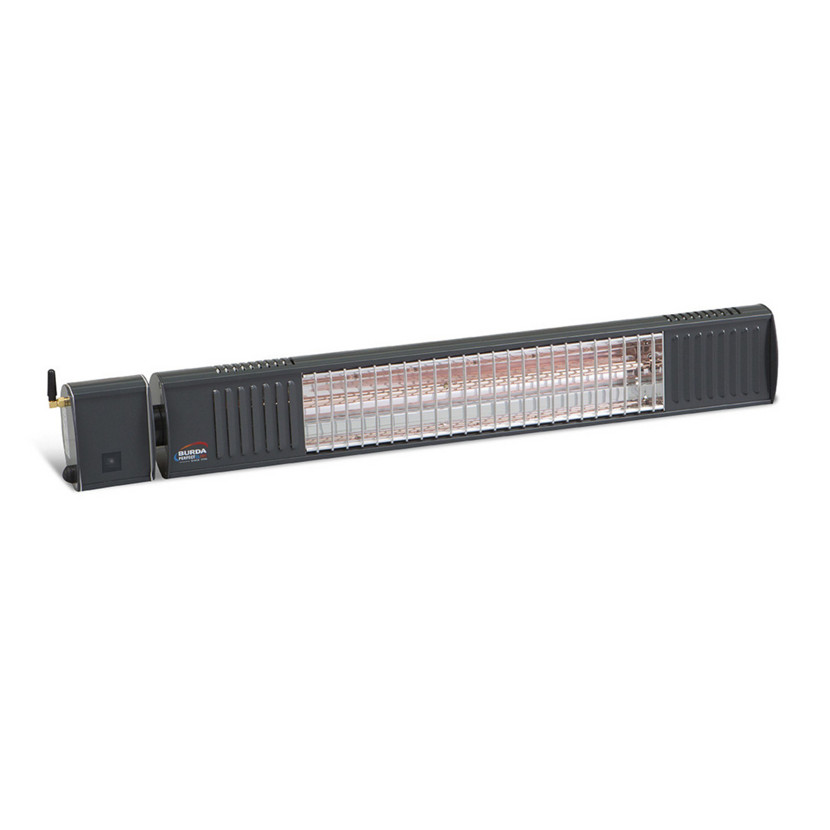 Anthrazitfarbener Burda TERM 2000 Bluetooth Infrarotstrahler für Wand- und Deckenmontage, IP67 wasserdicht.