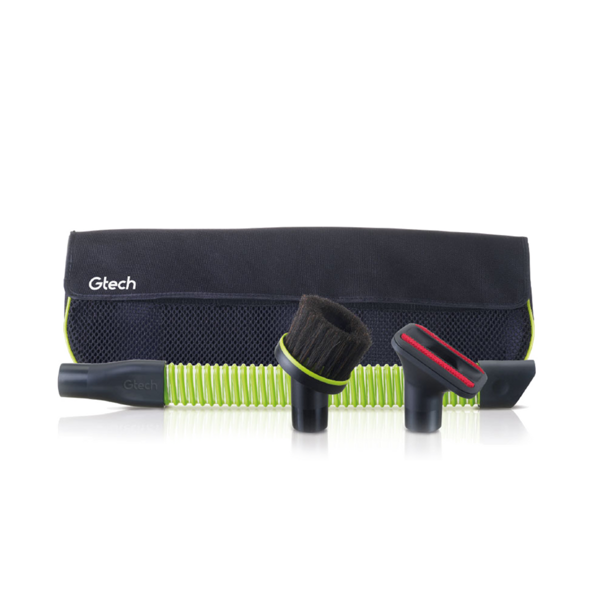 Abwaschbares Gtech Car Kit mit 3 Aufsätzen zur Fahrzeugreinigung in praktischer Tasche.