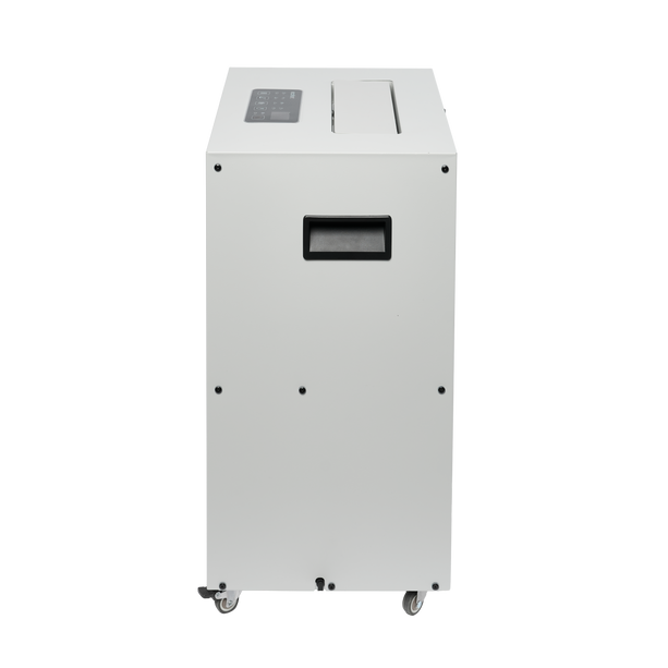ecodry Neptun in Light Grey in der Frontansicht. Mobiler Luftentfeuchter für trockene Räume und effiziente Wäschetrocknung.