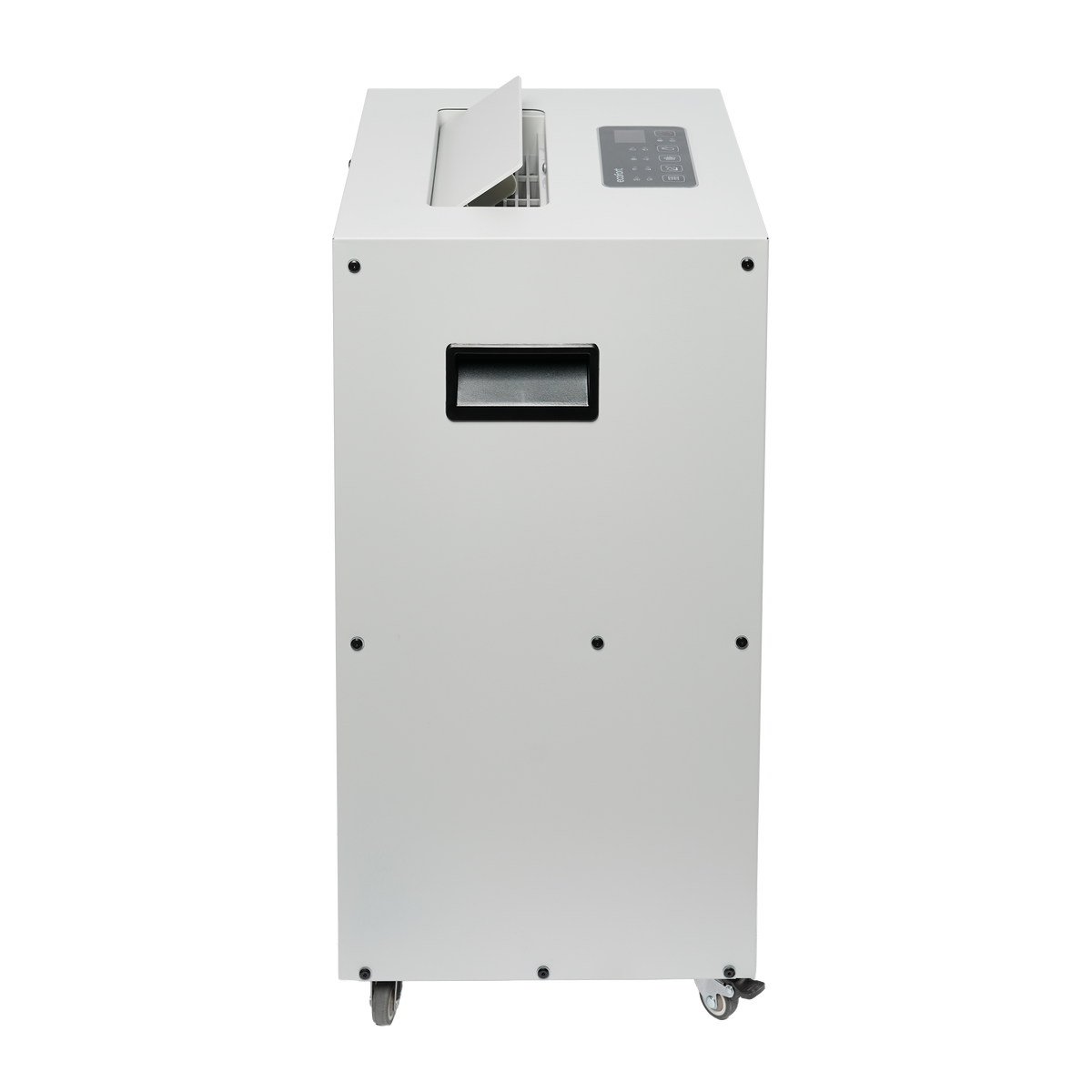 Rückansicht des ecodry Neptun in Light Grey mit Griff und Rollen. Für flexible Entfeuchtung ohne feste Installation.