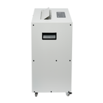 Rückansicht des ecodry Neptun in Light Grey mit Griff und Rollen. Für flexible Entfeuchtung ohne feste Installation.