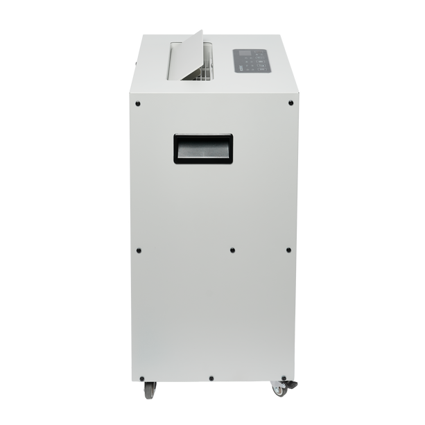 Rückansicht des ecodry Neptun in Light Grey mit Griff und Rollen. Für flexible Entfeuchtung ohne feste Installation.