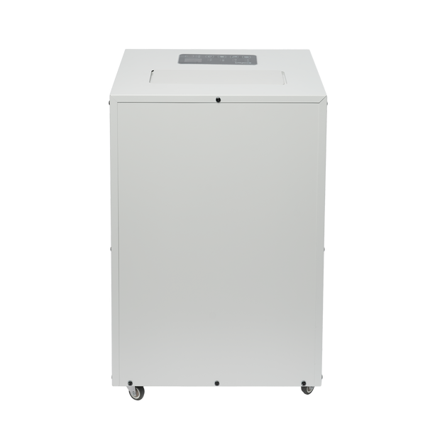 ecodry Neptun in Light Grey von hinten. Das mobile Gerät lässt sich flexibel in Waschküche, Keller und Trocknungsraum einsetzen.