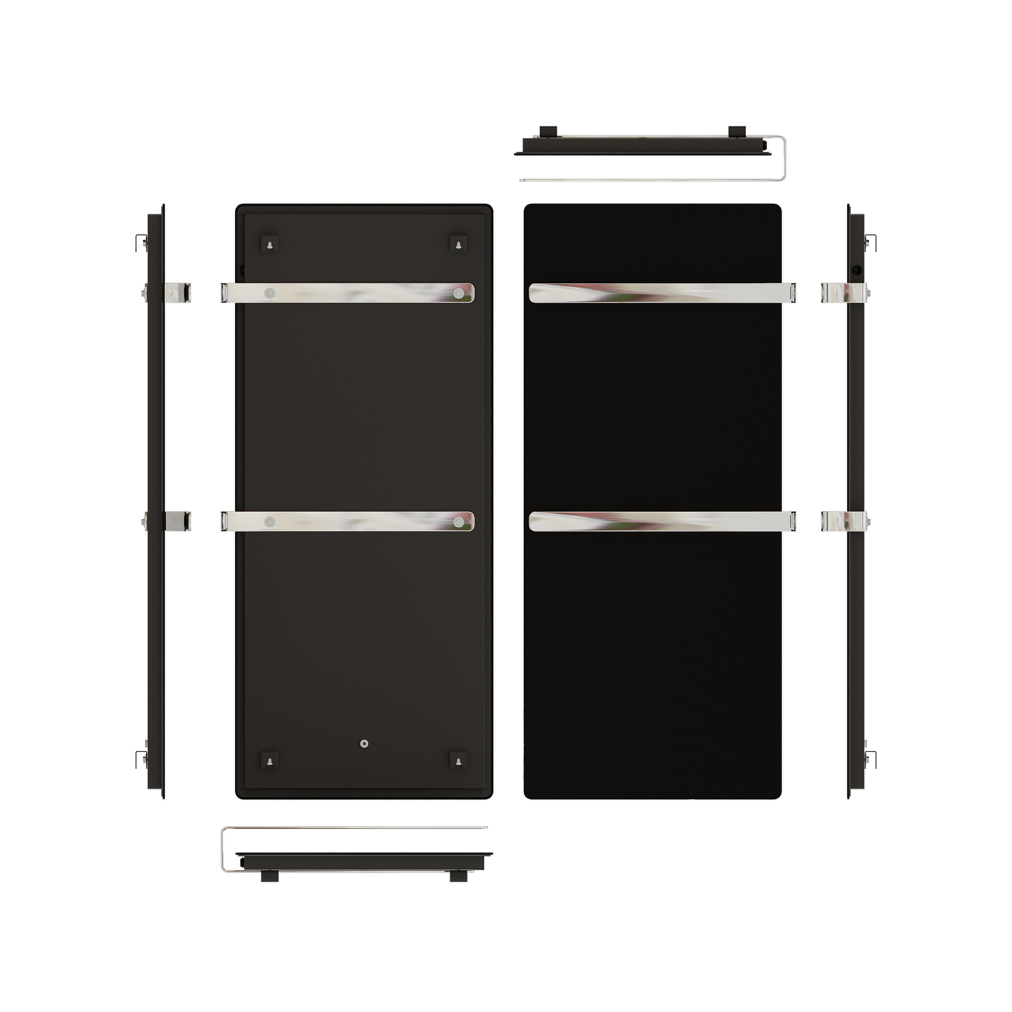 ZenSwiss furo Handtuchtrockner in Glanz Schwarz, hochwertig mit polierten Handtuchhaltern und integrierter Touch-Steuerung.