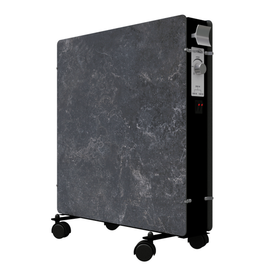 Climastar Optimax Dark Natura Infrarotheizung mit integriertem Thermostat und Aluminium-Griff für sicheren Transport.