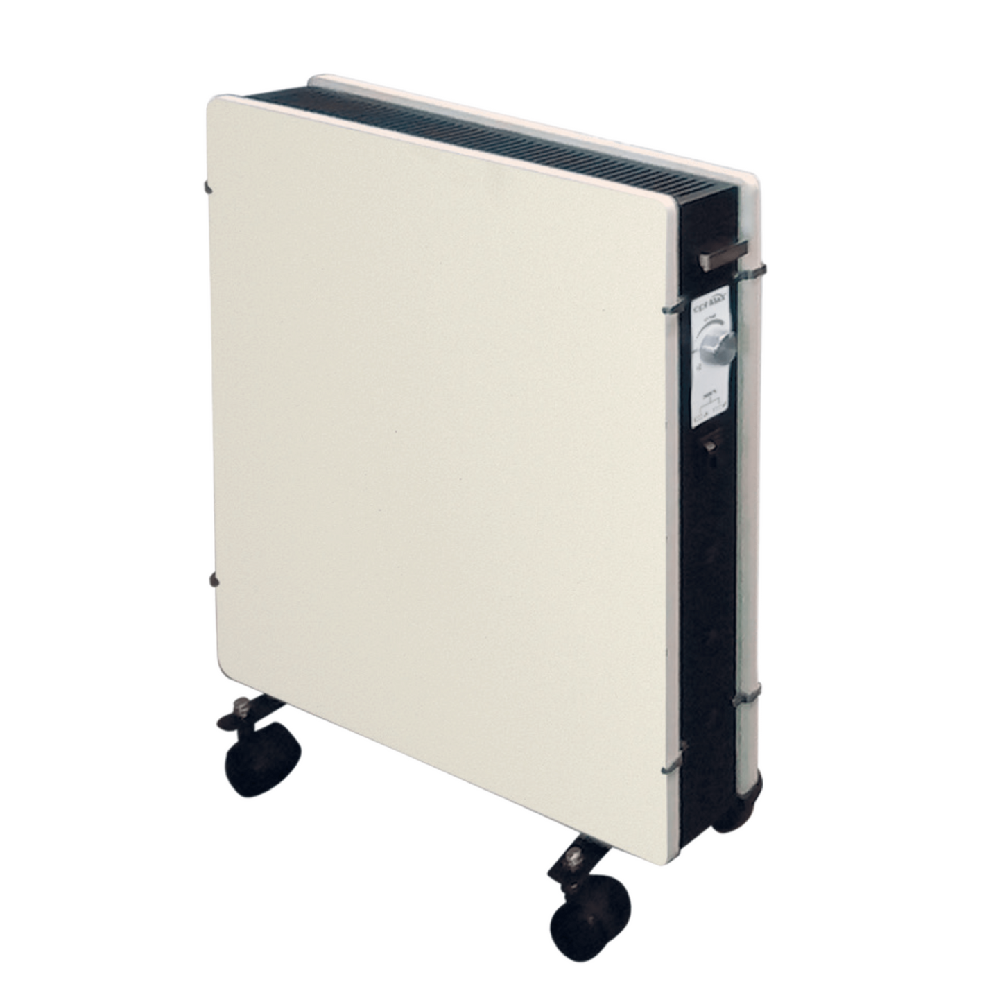 Climastar Optimax White Cashmere Infrarotheizung mit Aluminiumgriff und integriertem Thermostat, flexibel einsetzbar.