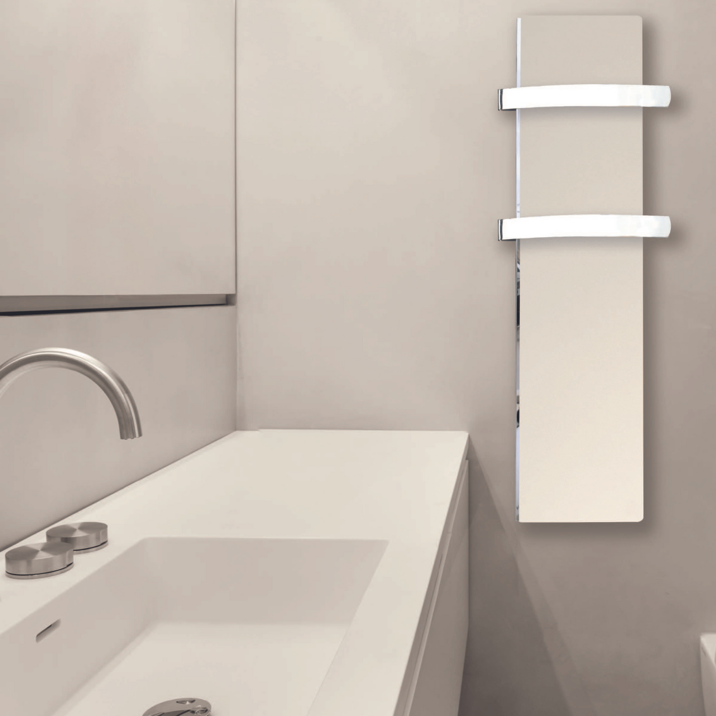 Handtuchtrockner Climastar Slim 500 Watt in Weiss Cashmere, 25 x 100 cm mit stilvollem Steindesign für effizientes Heizen.