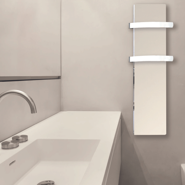 Handtuchtrockner Climastar Slim 500 Watt in Weiss Cashmere, 25 x 100 cm mit stilvollem Steindesign für effizientes Heizen.