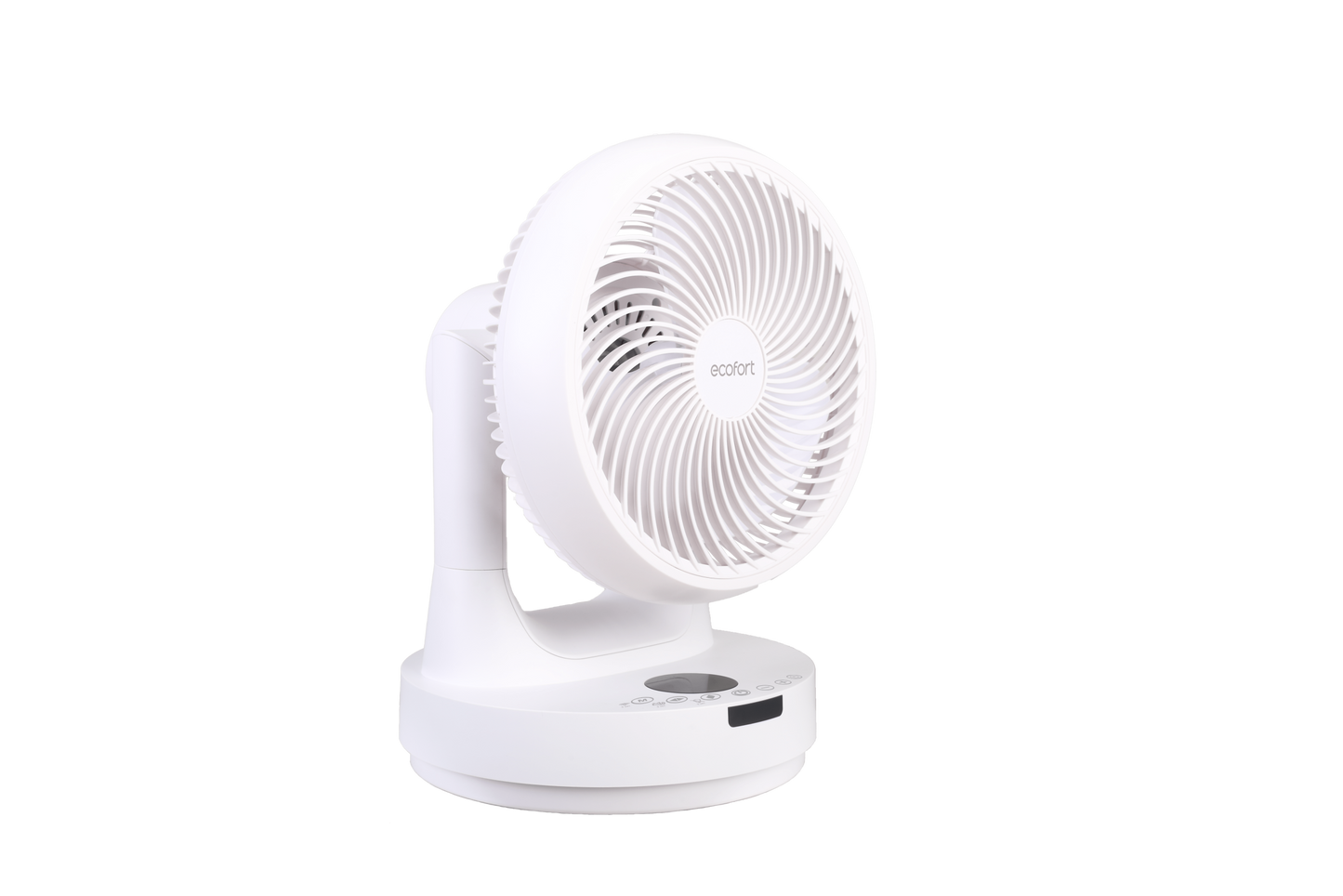 ecoQ SilentAir Tavo Tischventilator in Weiss mit verschiedenen Steuerungsmodi und vertikaler/horizontaler Schwenkfunktion.
