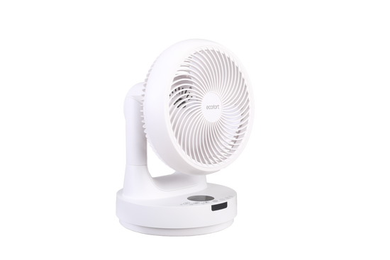 ecoQ SilentAir Tavo Tischventilator in Weiss mit verschiedenen Steuerungsmodi und vertikaler/horizontaler Schwenkfunktion.