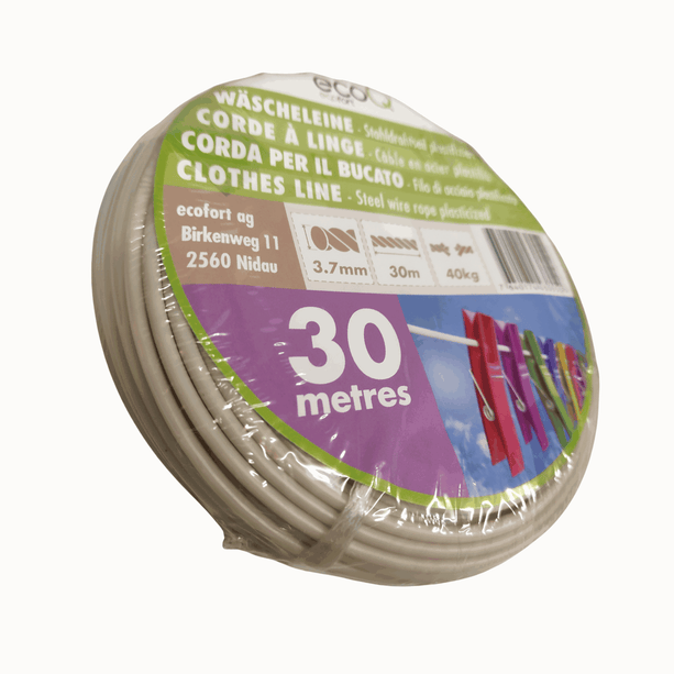 ecoQ Wäscheleine mit 30 Metern Länge und UV-resistenter Kunststoffbeschichtung, extra robustes Drahtseil.