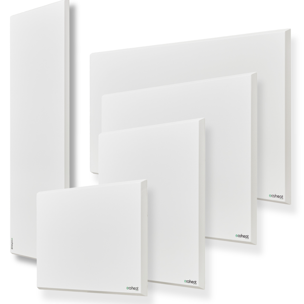 ecoheat Classic-T 300 Infrarot-Heizpanel in ultraflachem Design zur Wandmontage und Energieversorgung über Netzbetrieb.