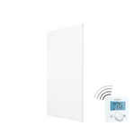 ecoheat Vitrea 580: Infrarotheizung mit edler Glasfront und Funk-Empfänger. Design trifft Effizienz – ideal für stilvolle, gleichmässige Wärme im Wohnbereich.