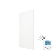 ecoheat Vitrea 580: Infrarotheizung mit edler Glasfront und Funk-Empfänger. Design trifft Effizienz – ideal für stilvolle, gleichmässige Wärme im Wohnbereich.