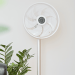 ecoQ SilentAir Grande Standventilator mit Fernbedienung und einstellbaren Winkeln für leisen Betrieb ab 32 dB.