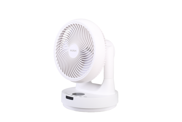 Tischventilator ecoQ SilentAir Tavo in Weiss, der leise Betriebsarten für erfrischende Luft bietet.