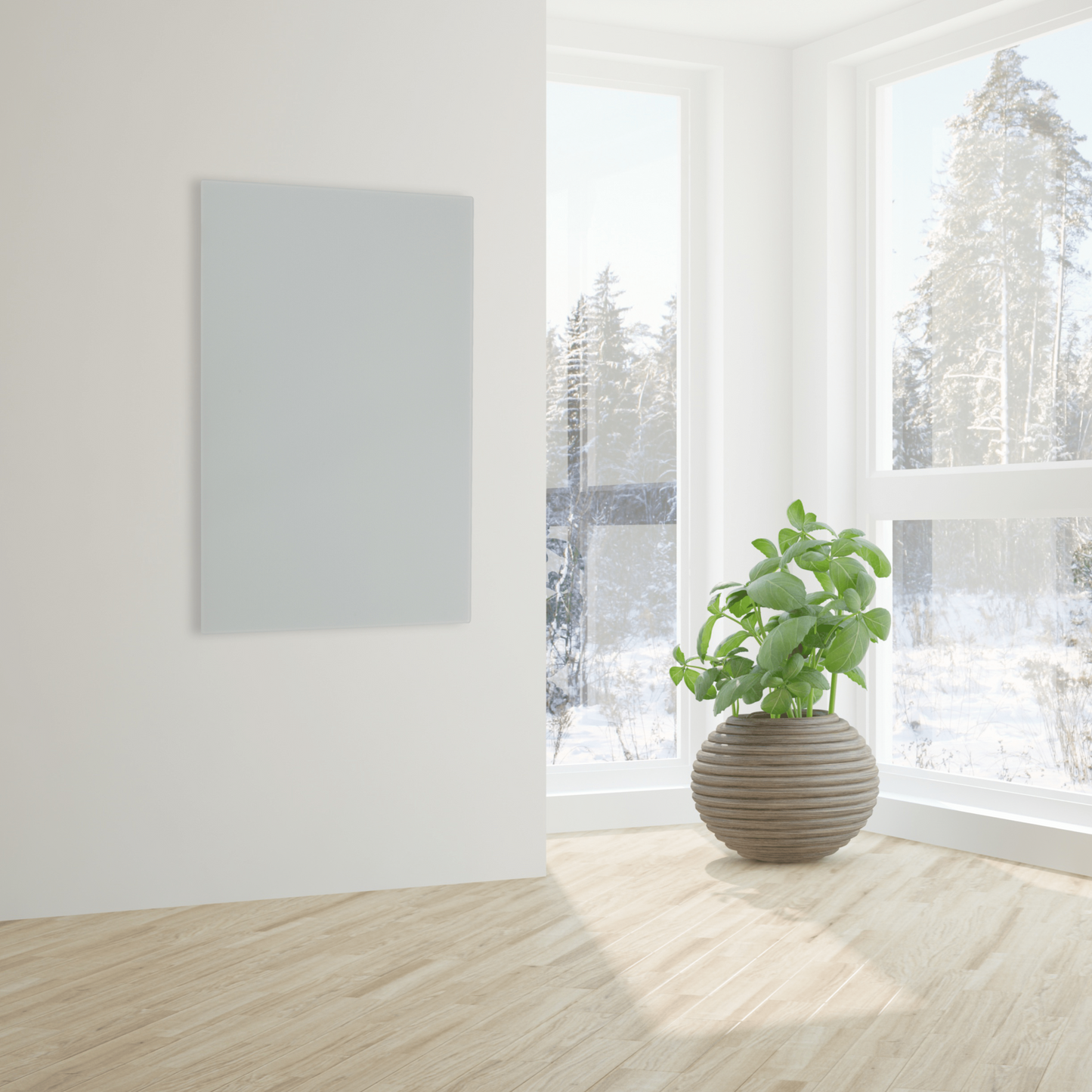 Elegantes Infrarot-Heizpanel FIRST Heating 800 W in matt weiss, geeignet für Wand- und Deckenmontage.