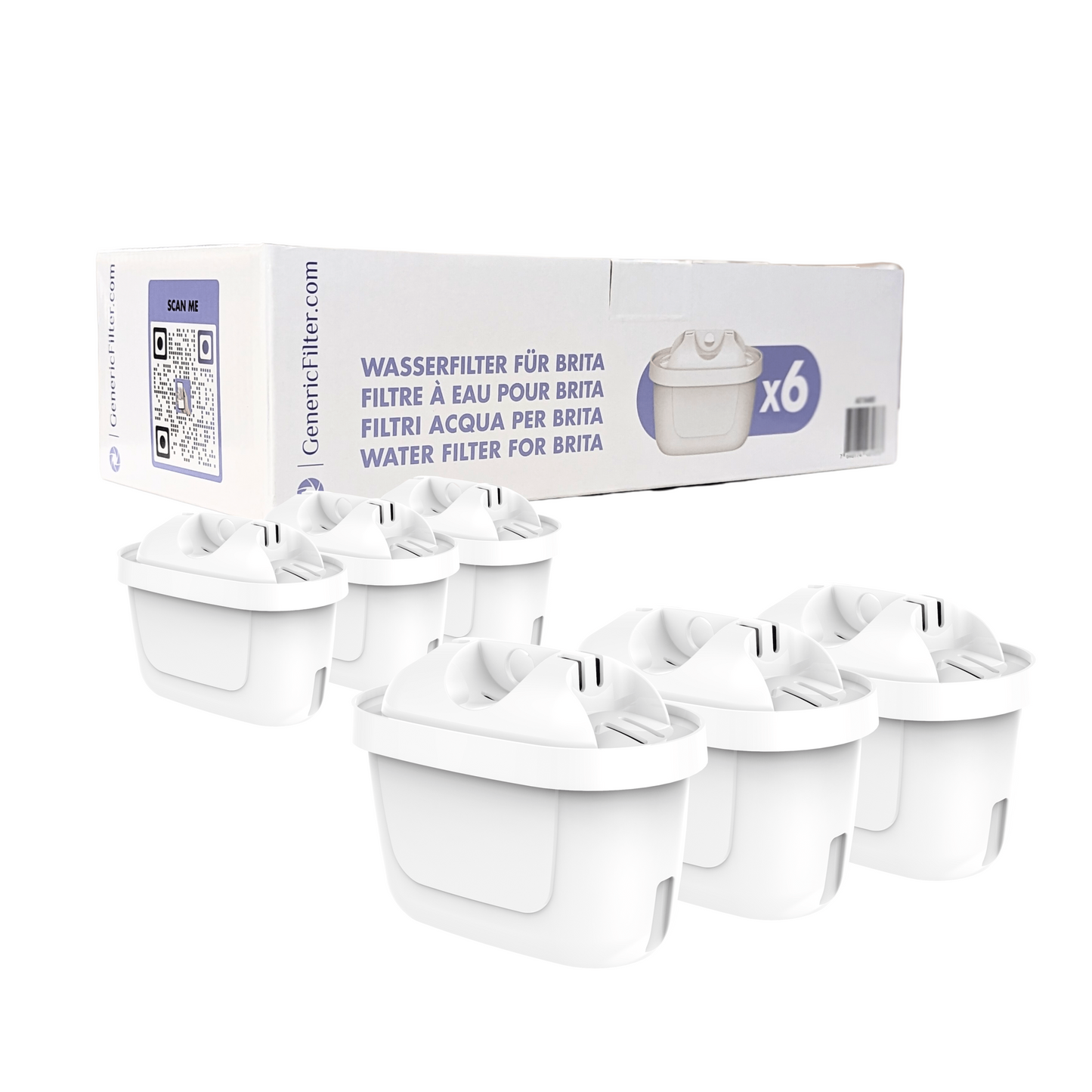 Sechs GenericFilter für Brita Maxtra Plus zur Wasserfiltration in einer Packung.