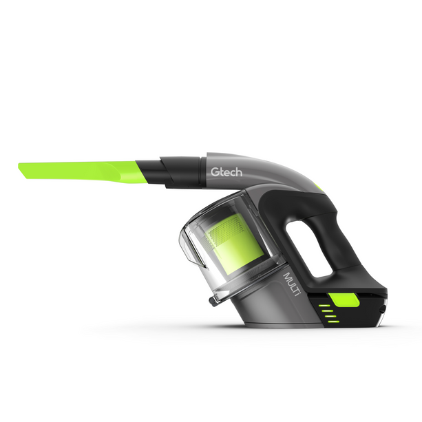 Kabelloser Gtech Multi TE Staubsauger mit wechselbarem Akku und waschbarem Dauerfilter.