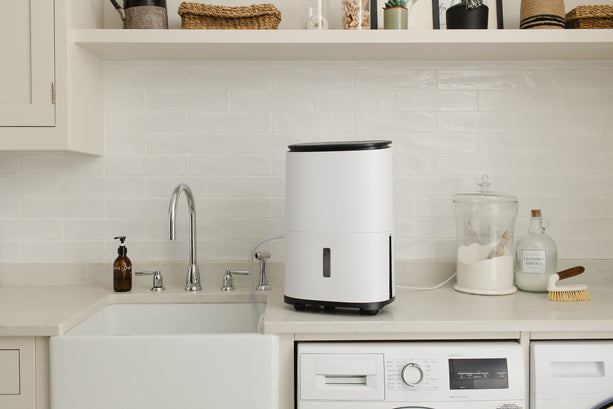 Meaco Arete® One 12L Luftentfeuchter mit HEPA-Filter, kompaktem Design und einfachem Bedienelement an der Wandmontage.