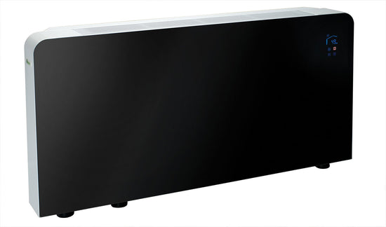 Meaco PowerDry Luftentfeuchter in elegantem Schwarz mit Glasfront und Wandmontage, Leistung 53 Liter.