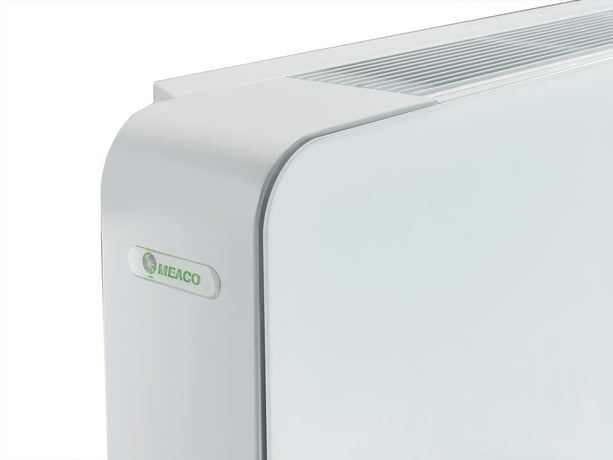 Meaco PowerDry Dehumidifier in White, energy-efficient with glass front design for effective drying.