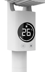 Meaco Sefte® Pedestal Standventilator mit 3 Höheneinstellungen und Fernbedienung im Dunkeln leuchtend.