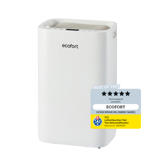 ecoQ DryAir 20L Energy Saver – energieeffizienter Luftentfeuchter bis 50 m², ultra-leiser Betrieb und starke Leistung, TCS Testsieger