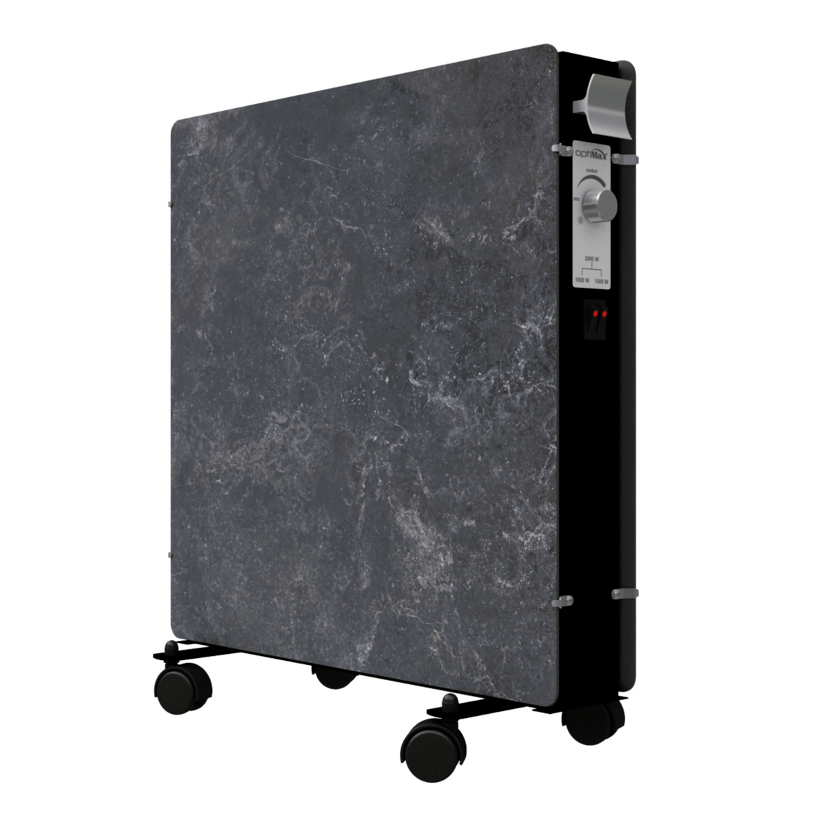 Climastar Optimax Dark Natura Infrarotheizung mit integriertem Thermostat und Aluminium-Griff für sicheren Transport.