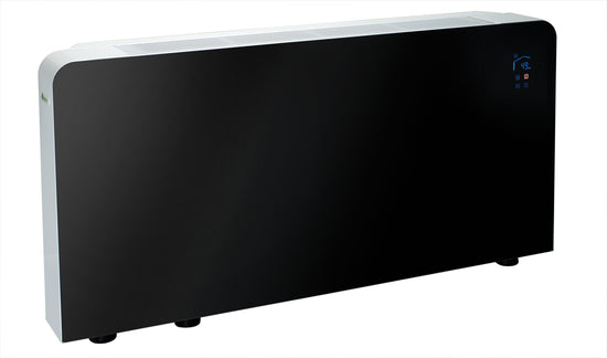Meaco PowerDry Luftentfeuchter in Schwarz mit Glasfront, Wandmontage und 108 Liter Leistung.