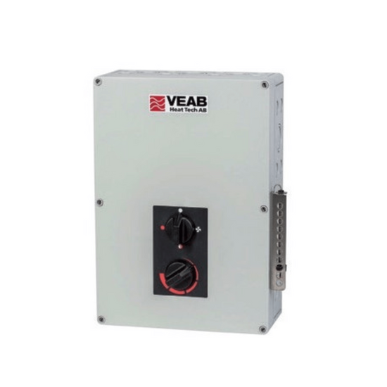 Thermostat Veab RTC 4 zur Steuerung der Infrarotheizung, mit Aufputzmontage und fix installierter Verbindung.