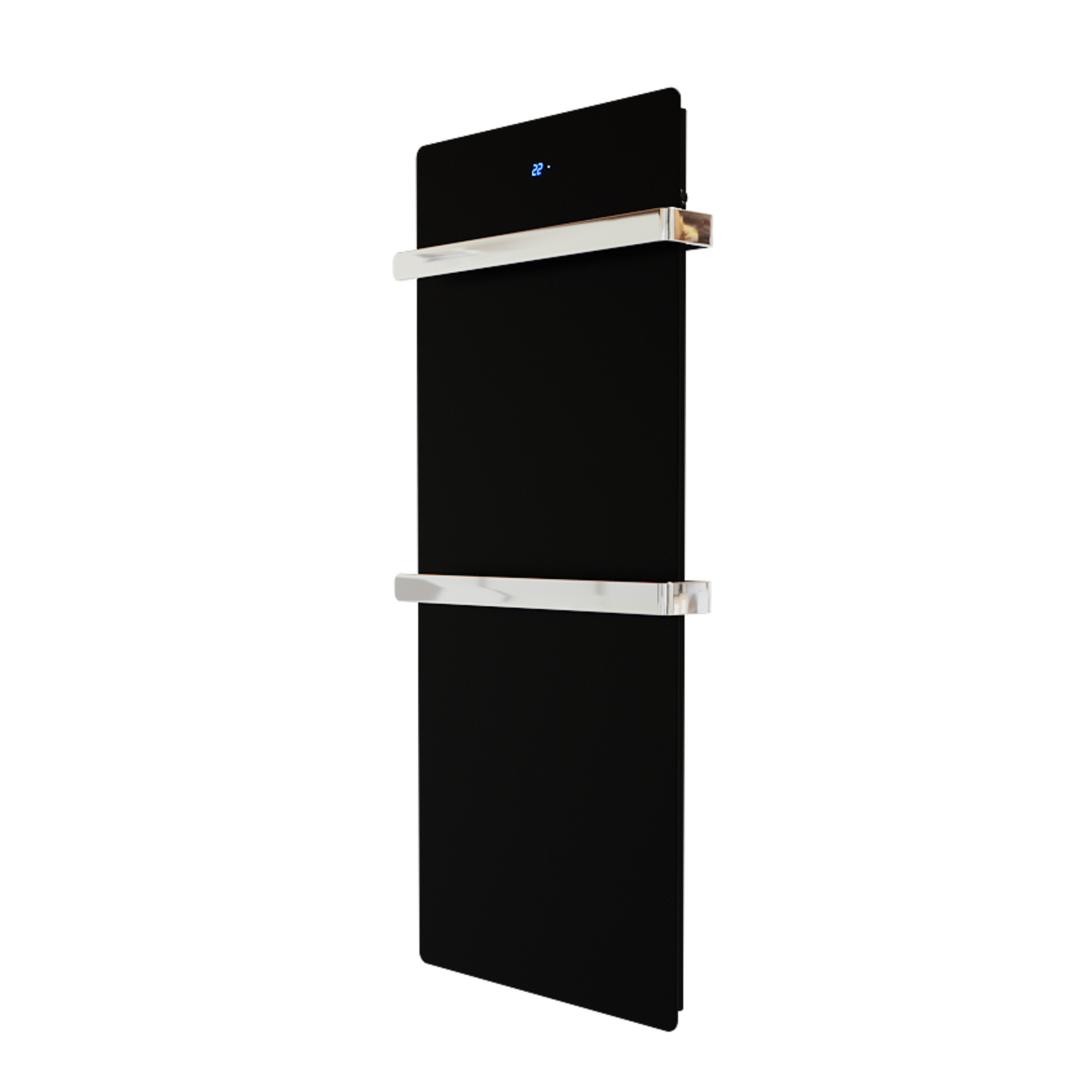 Eleganter ZenSwiss Handtuchtrockner in Glanz Schwarz, 52x160 cm, mit integriertem Timer und zwei Handtuchhaltern.