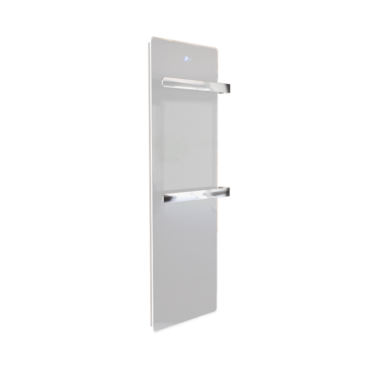 ZenSwiss furo Handtuchtrockner in Glanz Weiss mit integrierter Touch-Steuerung und polierten Handtuchhaltern.