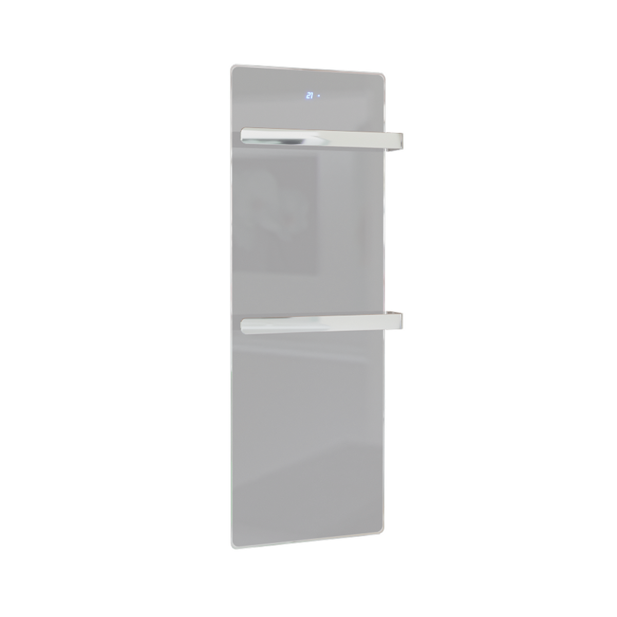 ZenSwiss furo Handtuchtrockner in Glanz Weiss, flaches Design mit zwei Handtuchhaltern und integrierter Touch-Steuerung.