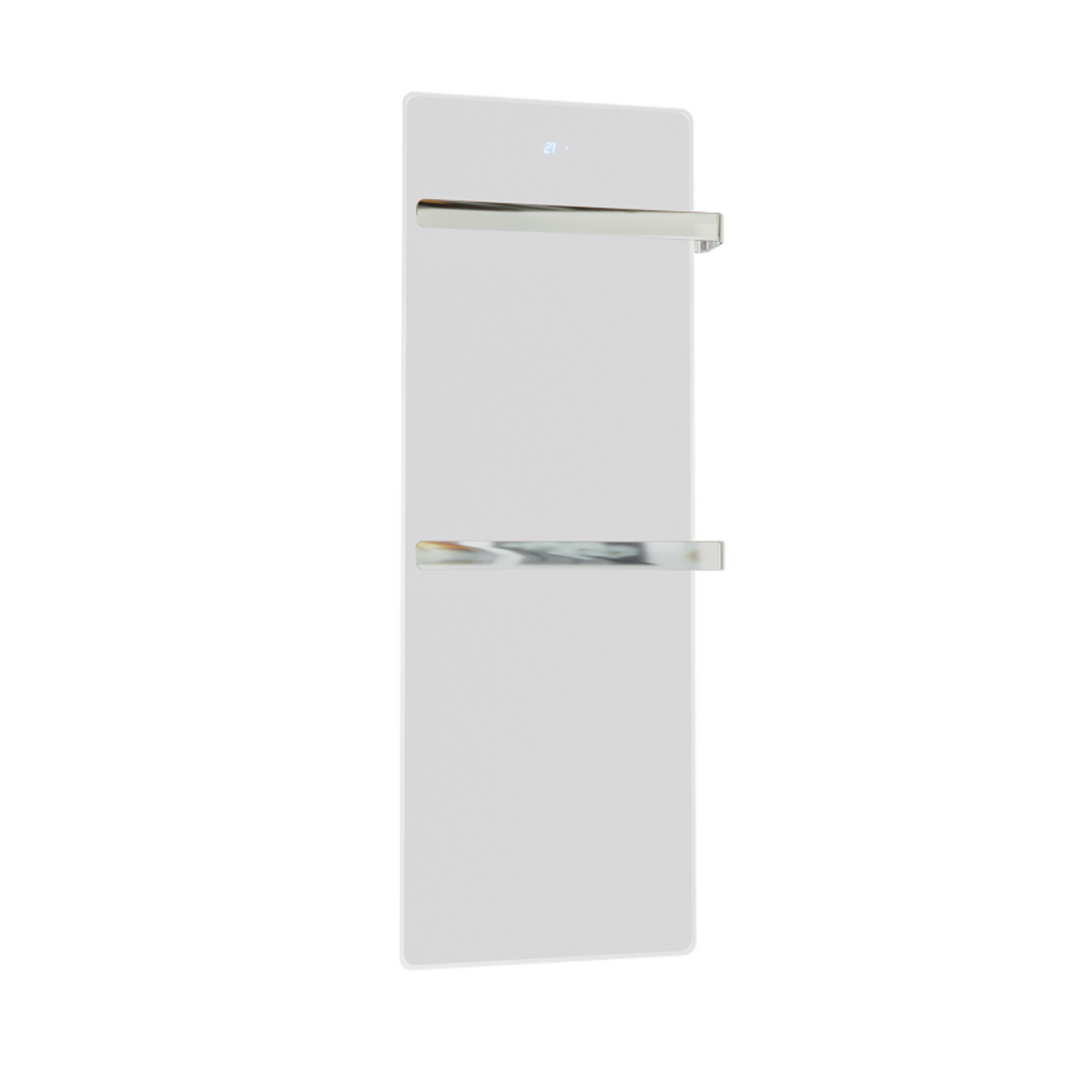 Handtuchtrockner ZenSwiss furo in mattweiss, 42x120 cm, mit edler Glasfront und integrierter Touch-Steuerung.