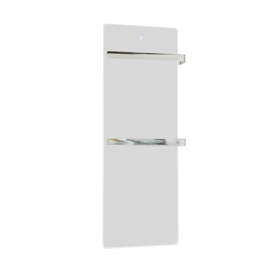 Handtuchtrockner ZenSwiss furo in mattweiss, 42x120 cm, mit edler Glasfront und integrierter Touch-Steuerung.