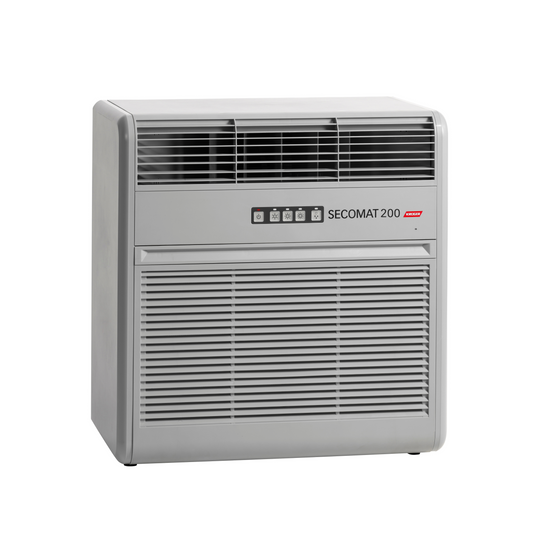 Secomat 200 Luftentfeuchter für die Wandmontage mit 48 kg Bruttogewicht und einfache Bedienung durch vier Tasten.