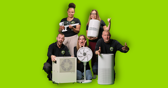 Teambild ecofort Team mit ecofort Produkte, Luftentfeuchter, Staubsauer, Luftreiniger, Ventilator